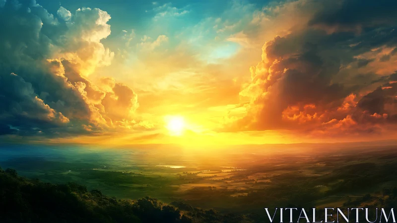 Vivid sunset over wide valley under dramatic storm clouds.