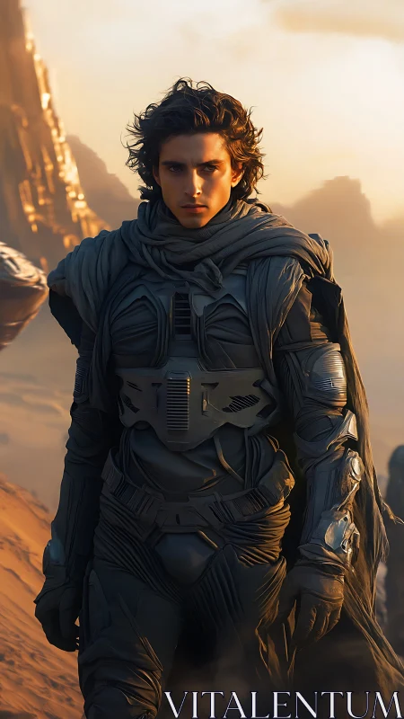 Desert warrior strides through sunlit dunes in armored suit