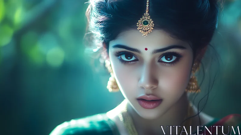 Digital portrait of Indian woman with jeweled maang tikka.