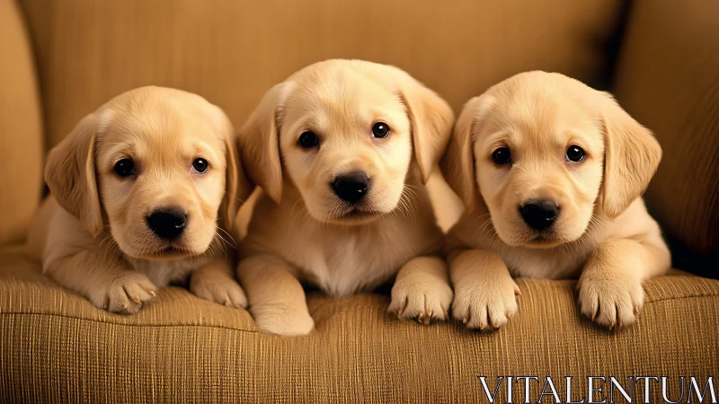 Three light-colored labrador puppies aligned on sofa surface.
