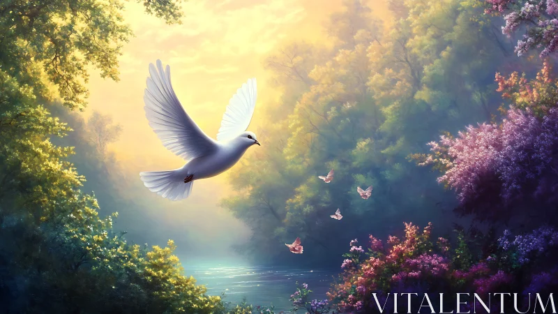 Serene White Dove Flying Over Lush River in Dreamy Sunrise Art.
