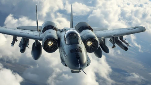 Twin‑engine military jet aircraft flies above dense cloud layer