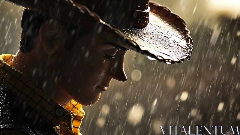 Plastic cowboy figure under rainfall with side lighting.