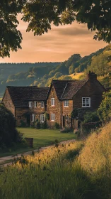 Stone cottage nestles in sunlit rural valley at golden hour
