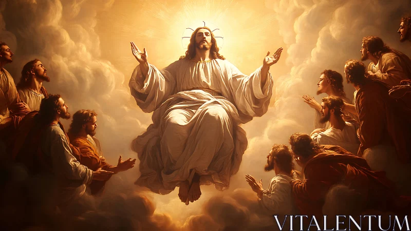 Radiant heavenly figure rising among awestruck followers.