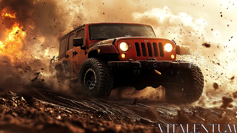 Off-road jeep powers through flying mud and blazing sparks