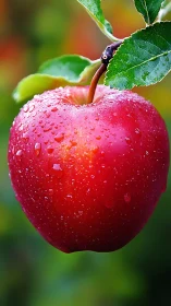 Red apple macro with dew drops against soft bokeh background.