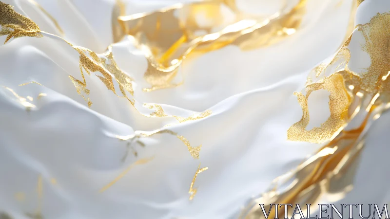 Elegant abstract white silk fabric with gold marble accents.