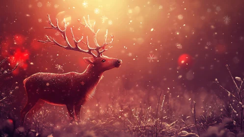 Deer stands in snowy field under warm glowing winter light