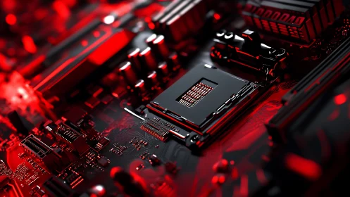 Red illuminated CPU socket on detailed computer motherboard.