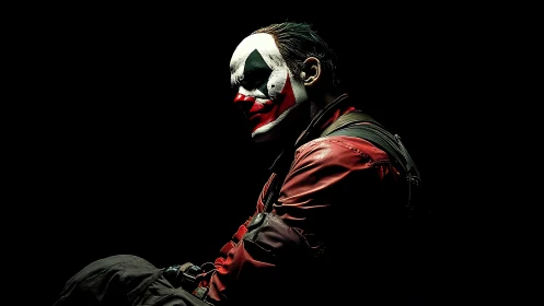 Portrait of seated clown in red jacket under low key light.