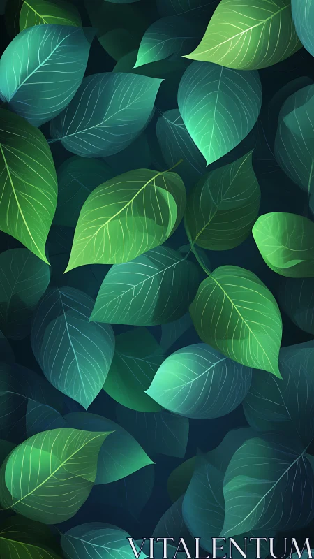 Luminous teal and green leaves form layered botanical pattern