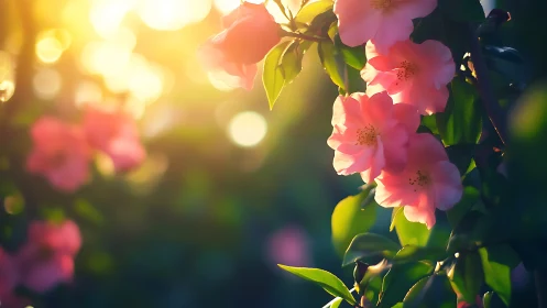 Golden Hour Blooms: Pink Flowers Glowing in Warm Sunlight