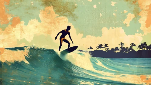 Sunlit surfer riding dreamy tropical evening waves.