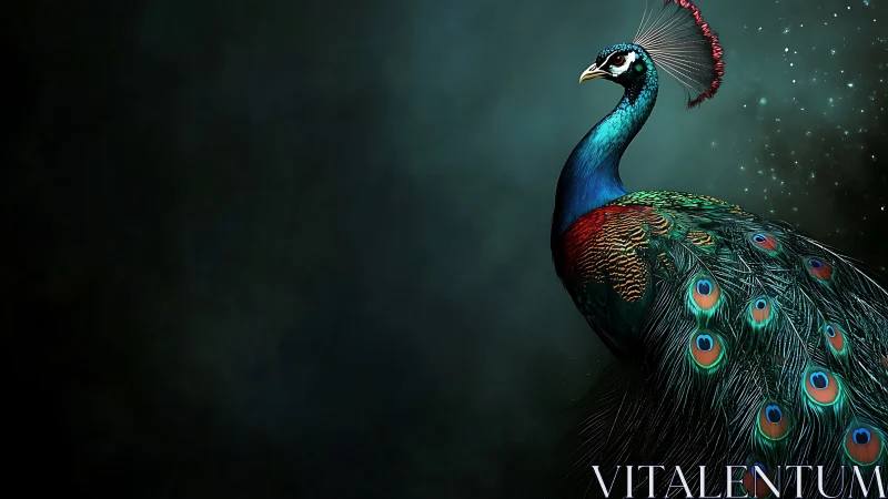 Peacock profile rendered against dark abstract background.