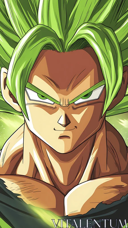 Green-haired anime warrior portrait with intense energy.