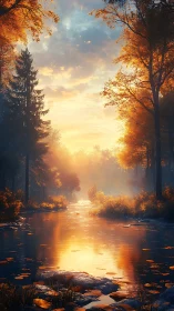Sunlit autumn forest river with reflective water surface.