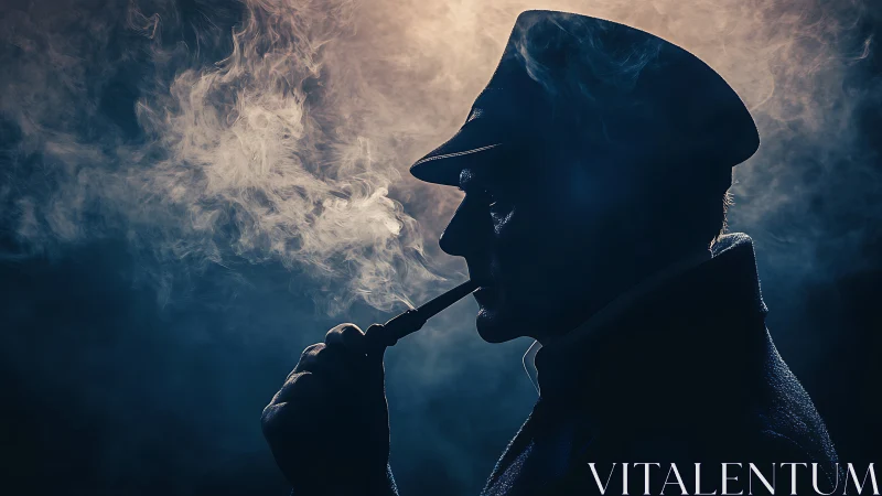 Moody sailor silhouette quietly enjoys a pipe in swirling smoke