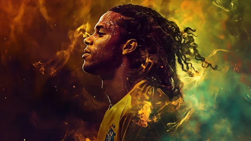 Fiery side profile of footballer emerging through swirling light.