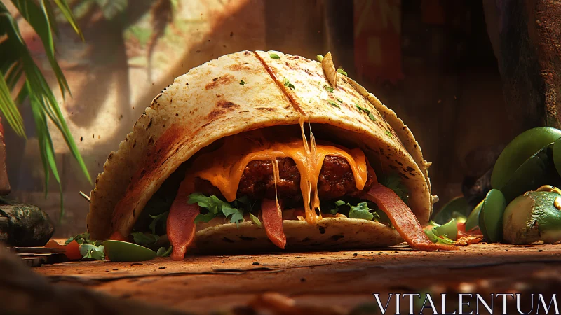 Layered taco sandwich with melted cheese and bacon folds