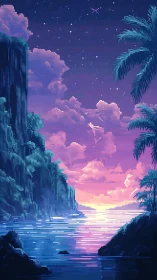 Pixel art landscape depicting tropical cove at sunset hour.