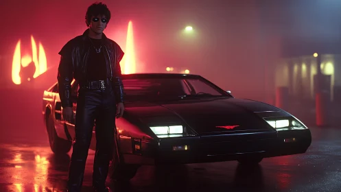 Neon dusk vigil with retro supercar and leather-clad driver.