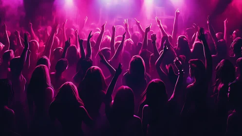 Crowd silhouette under magenta stage lighting at concert.