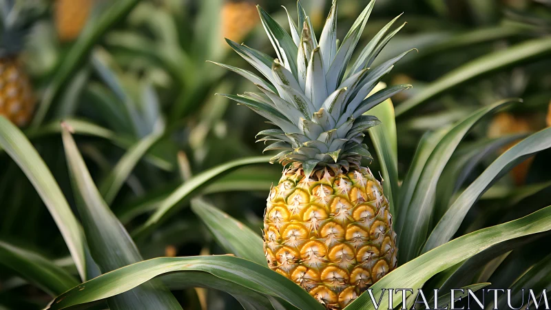 Ripe pineapple fruit grows among long linear green leaves