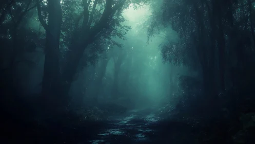 Misty forest pathway with diffused light filtering through canopy.