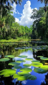 Lily pads on calm forest river under bright summer sky.