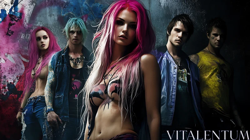 Grunge street band with neon hair against graffiti wall.