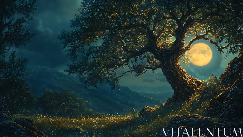 Lunar backlit oak framing atmospheric nocturnal valley vista.