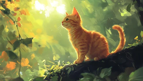 Orange kitten sits on mossy branch in bright forest light