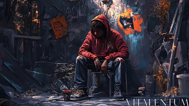 Quiet strength settles around a hooded figure in neon gloom