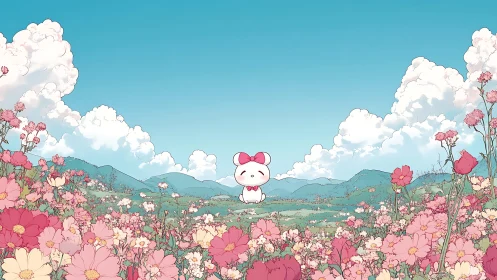 Kawaii white mascot in pastel flower meadow under clear sky.