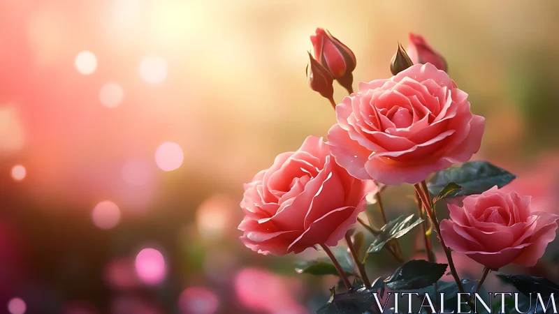 Pink Garden Roses with Buds in Soft Backlit Setting