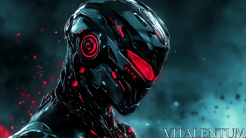 Cybernetic assassin android with red neon visor glare.