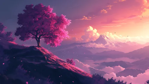 Solitary pink tree above layered mountains at sunset.