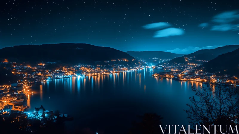 Starlit lakeside town glows in deep blue midnight calm