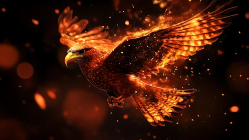 Majestic Fiery Eagle in Flight, Digital Fantasy Art Illustration.