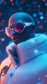 Futuristic portrait of figure in white coat and reflective goggles.