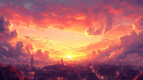 Sunset storm clouds ignite glowing city horizon.