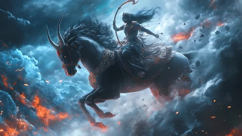 Storm goddess rides horned steed through burning clouds.