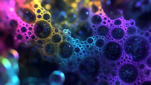 Colorful macro bubbles shimmer with neon cosmic light.