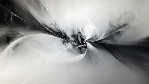 Monochrome fractal swirl with central converging filaments.