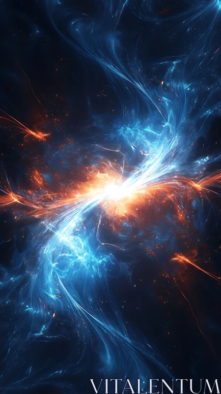 Stellar energy collision between blue and orange nebulae.