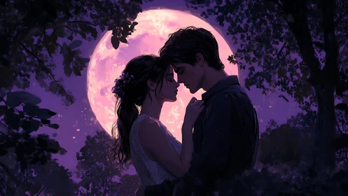Two figures silhouetted against luminous pink moon in forest setting