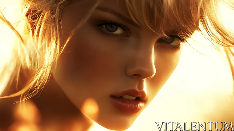 Photorealistic close-up portrait in golden backlit focus.