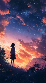 Girl stands beneath a blazing sunset sky of stars and wonder