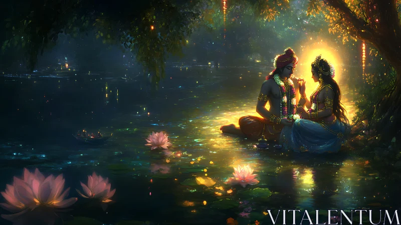 Moonlit lotus sanctuary with luminous lovers at the water’s edge.